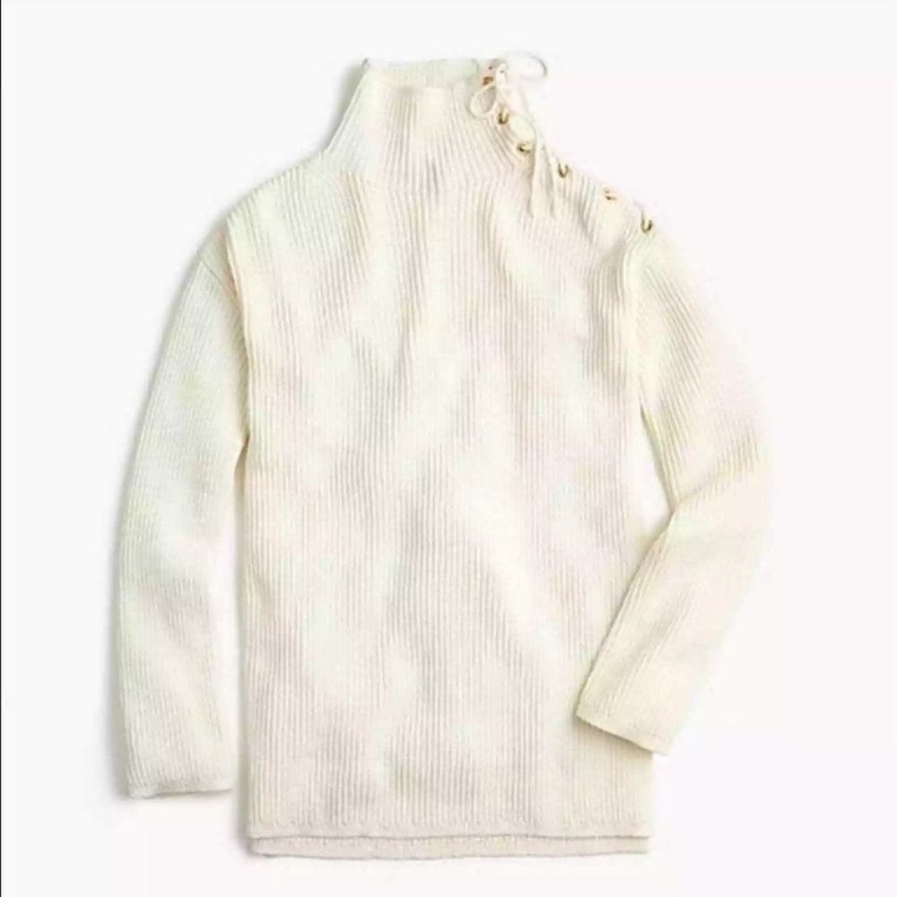 J. Crew Ivory Ribbed Knit Sweater Mock Neck Tunic Lace-up Shoulder Medium